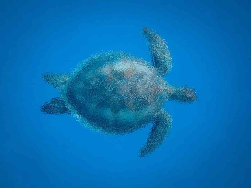 A sea turtle formed by many small particles swimming in clear blue water.
