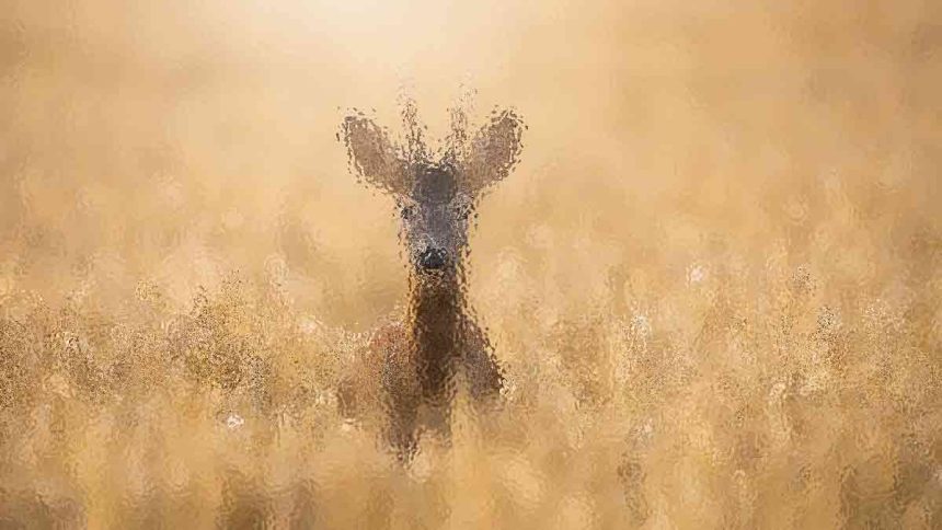 Dog standing in a grassy field seen through frosted, rippled glass panel.