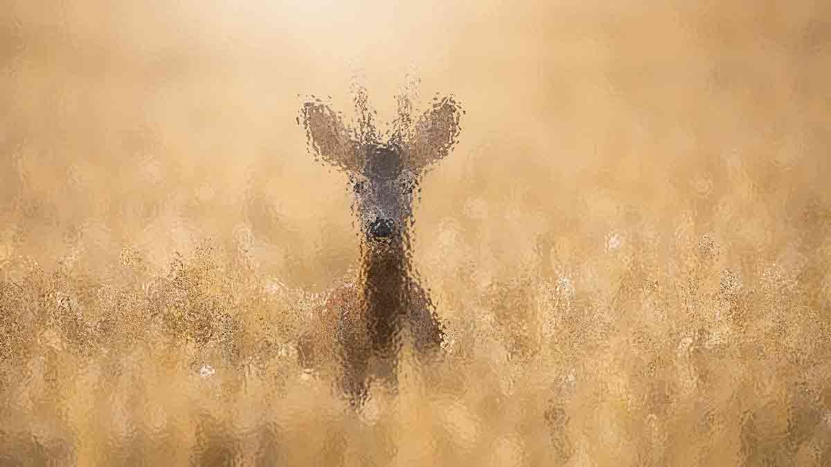 Dog standing in a grassy field seen through frosted, rippled glass panel.